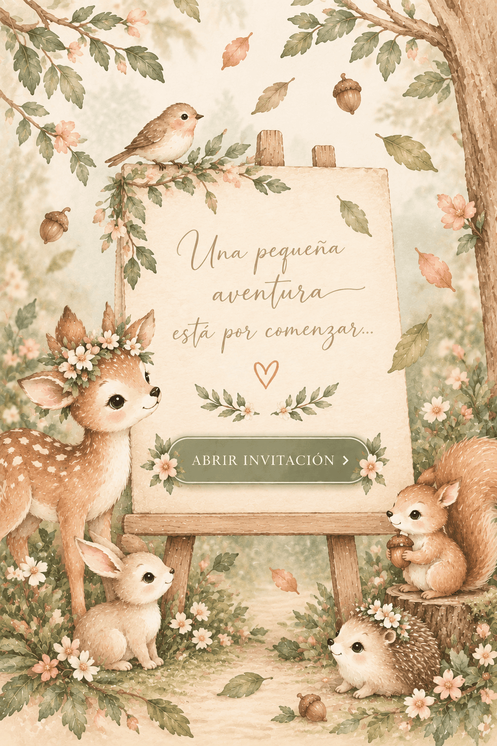 Invitación ilustrada de Baby Shower en el bosque encantado. Pulsa para abrir.